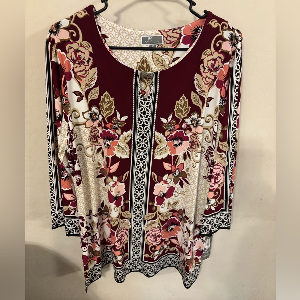 JM Collection Burgundy Multi Floral Scoop Neck Tunic
